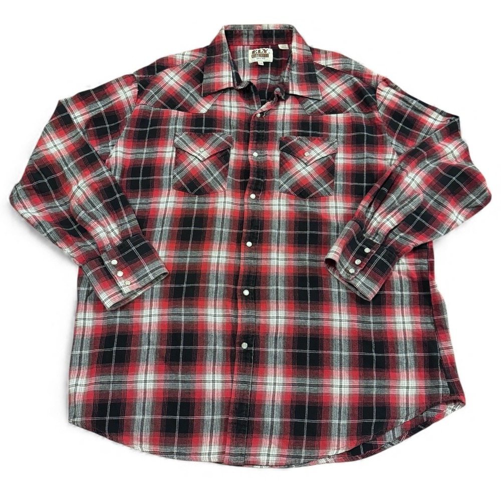Ely Cattleman Flannel Shirt Men XXL Red Black Plaid Western Snap Button
